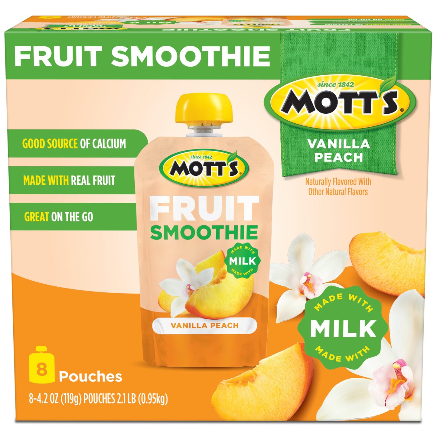 Motts Fruit Smoothies Vanilla Peach, 4.2 oz clear pouches, 8 Pack, Made With Milk, Made With Real Fruit, Good Source of Calcium,