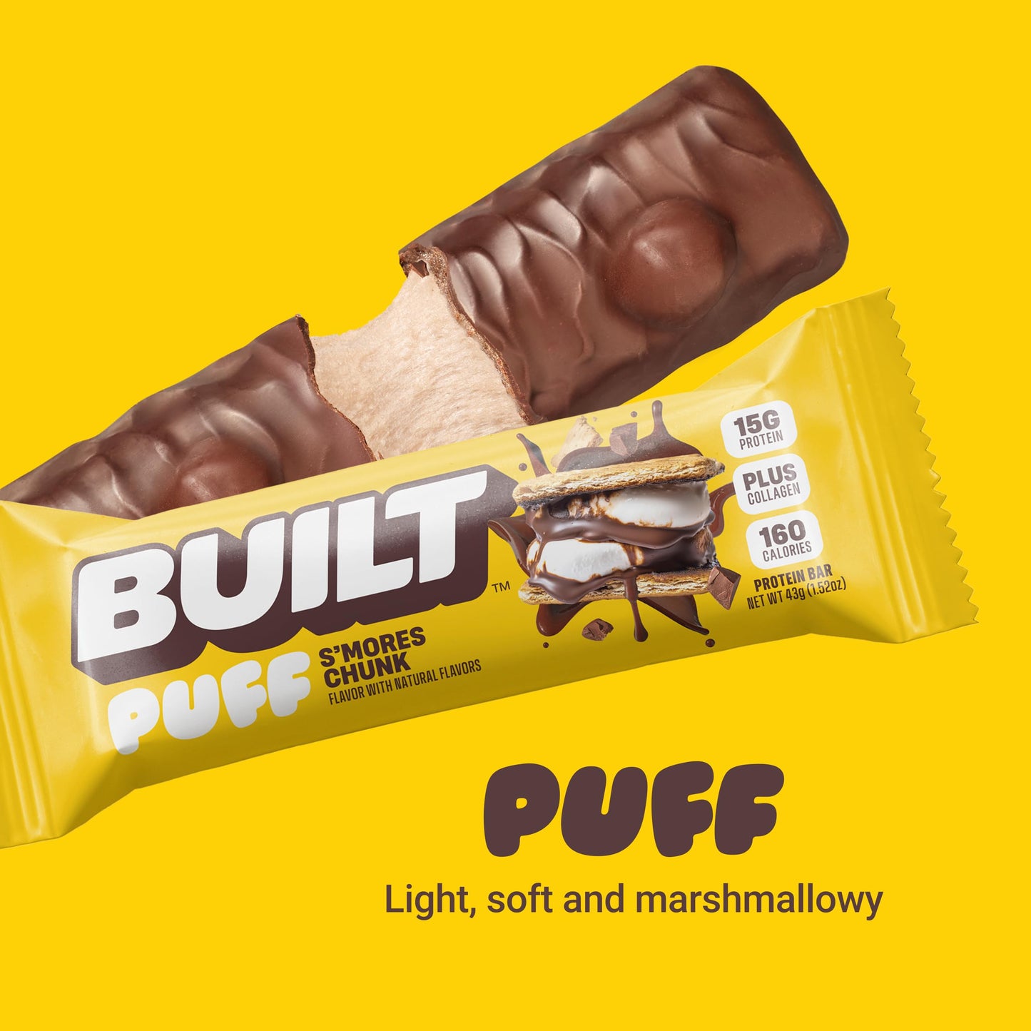 Built Bar, Puff Protein Bars, S'Mores Chunk Puff, 15G Protein Snacks, On-The-Go Bars, Only 160 Calories, 9G Sugar, Collagen, Not