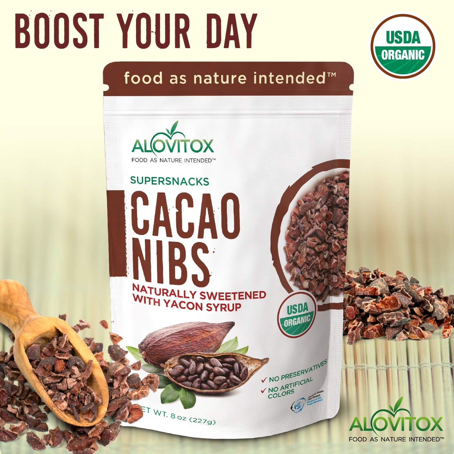 Alovitox Cacao Nibs with Organic Yacon Syrup, Raw, Non-GMO, Sugar Free, Keto, Paleo, Vegan, 8 Oz