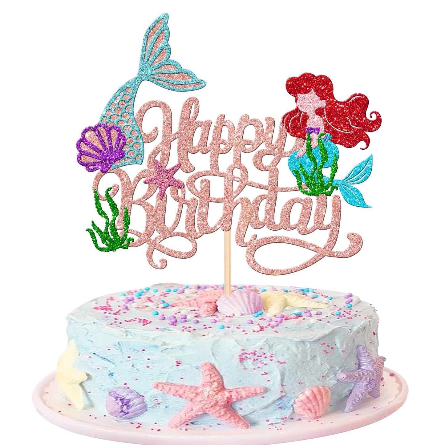 ZHUOWEISM Mermaid Cake Topper, Rose Gold Cardstock Decoration for Under the Sea Theme Birthday Party, 1 PCS