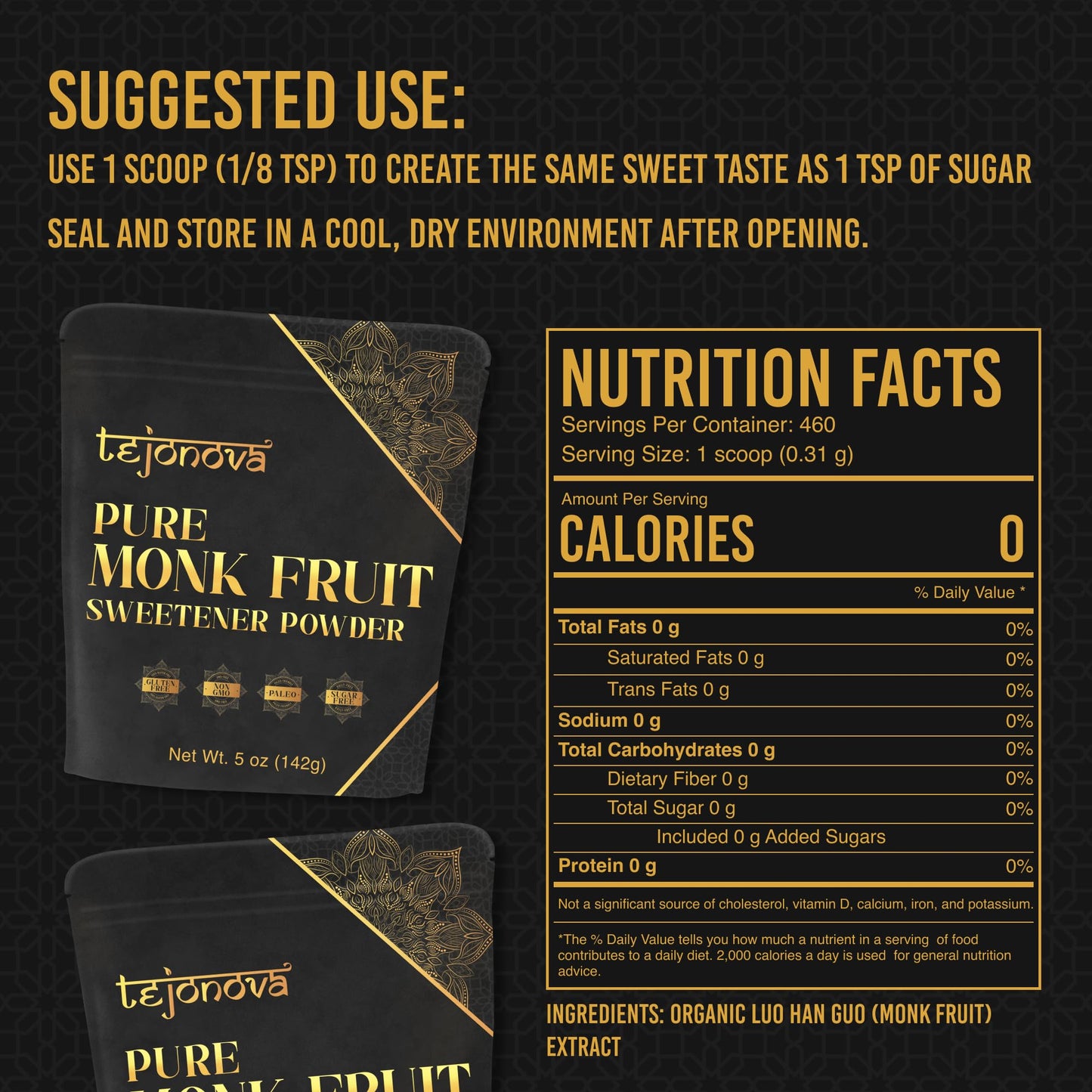 tejonova Monk Fruit Sweetener, Pure Flavor, 5 oz, No Erythritol, Ideal Keto Sugar Substitute