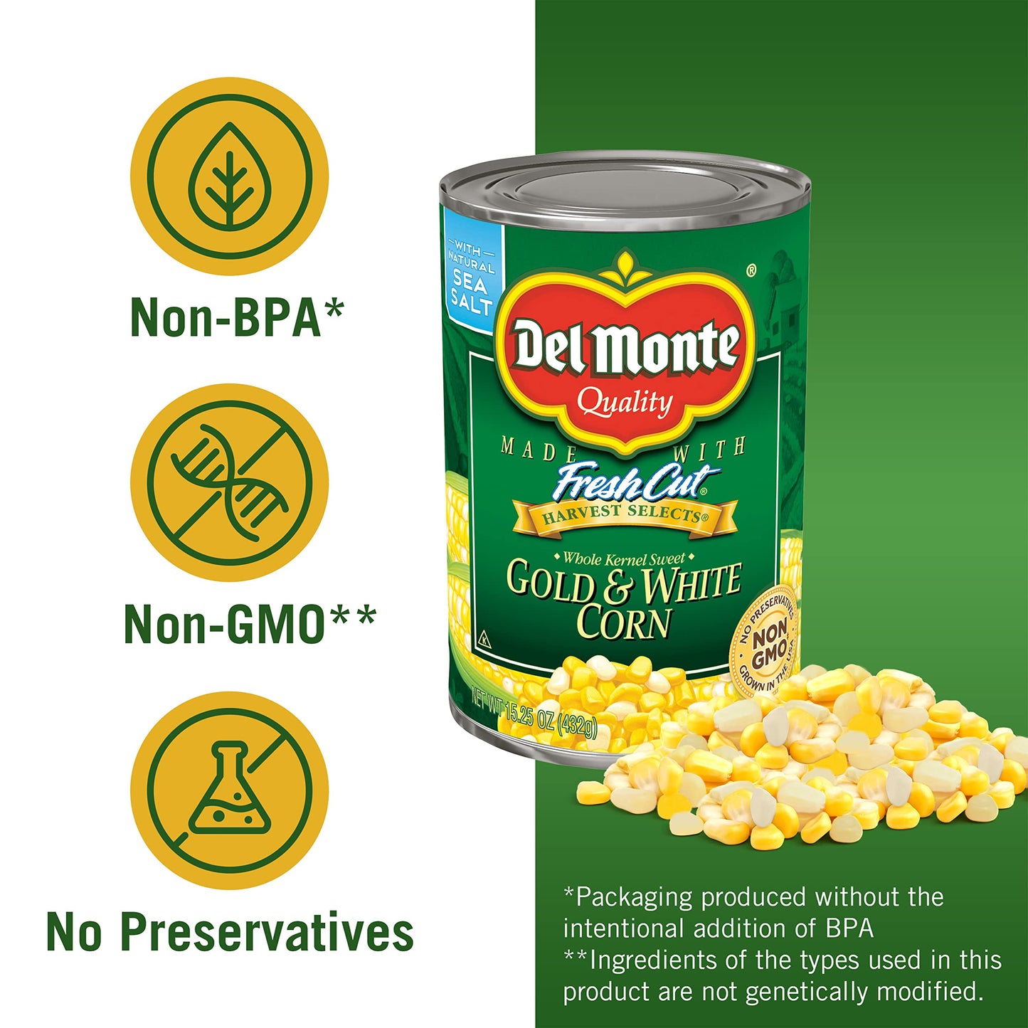 Del Monte Canned Harvest Selects Gold And White Whole Kernel Corn, 15.25 Ounce