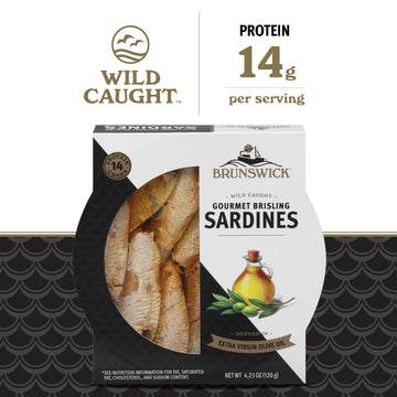 Brunswick Gourmet Brisling Sardines in Olive Oil - 4.23 oz Can (Pack of 12) - Gluten Free, Keto Friendly, 14g Protein per Serving