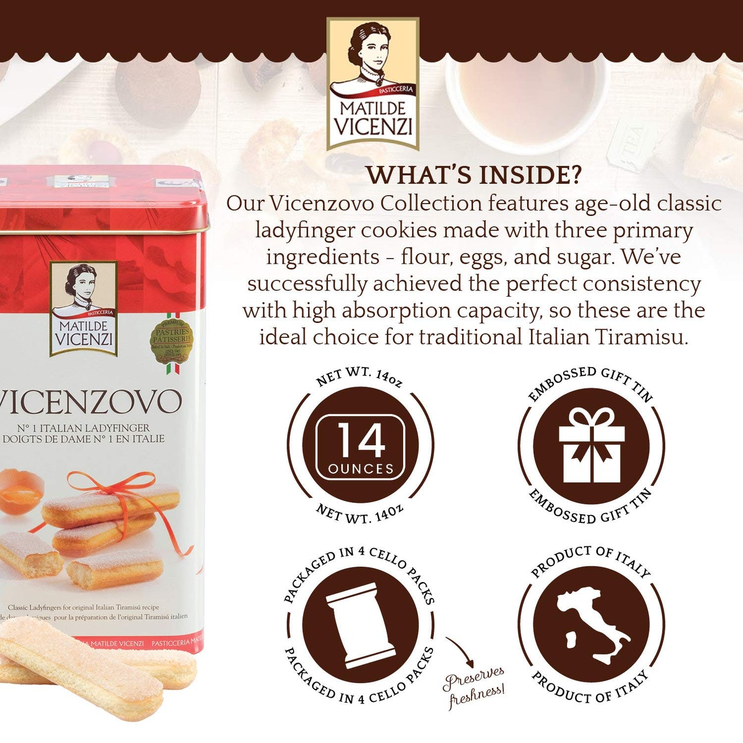 Matilde Vicenzi Vicenzovo Savoiardi Ladyfingers Gift Tin - Classic Italian Biscuits, Ladyfingers Cookies for Tiramisu - Kosher D