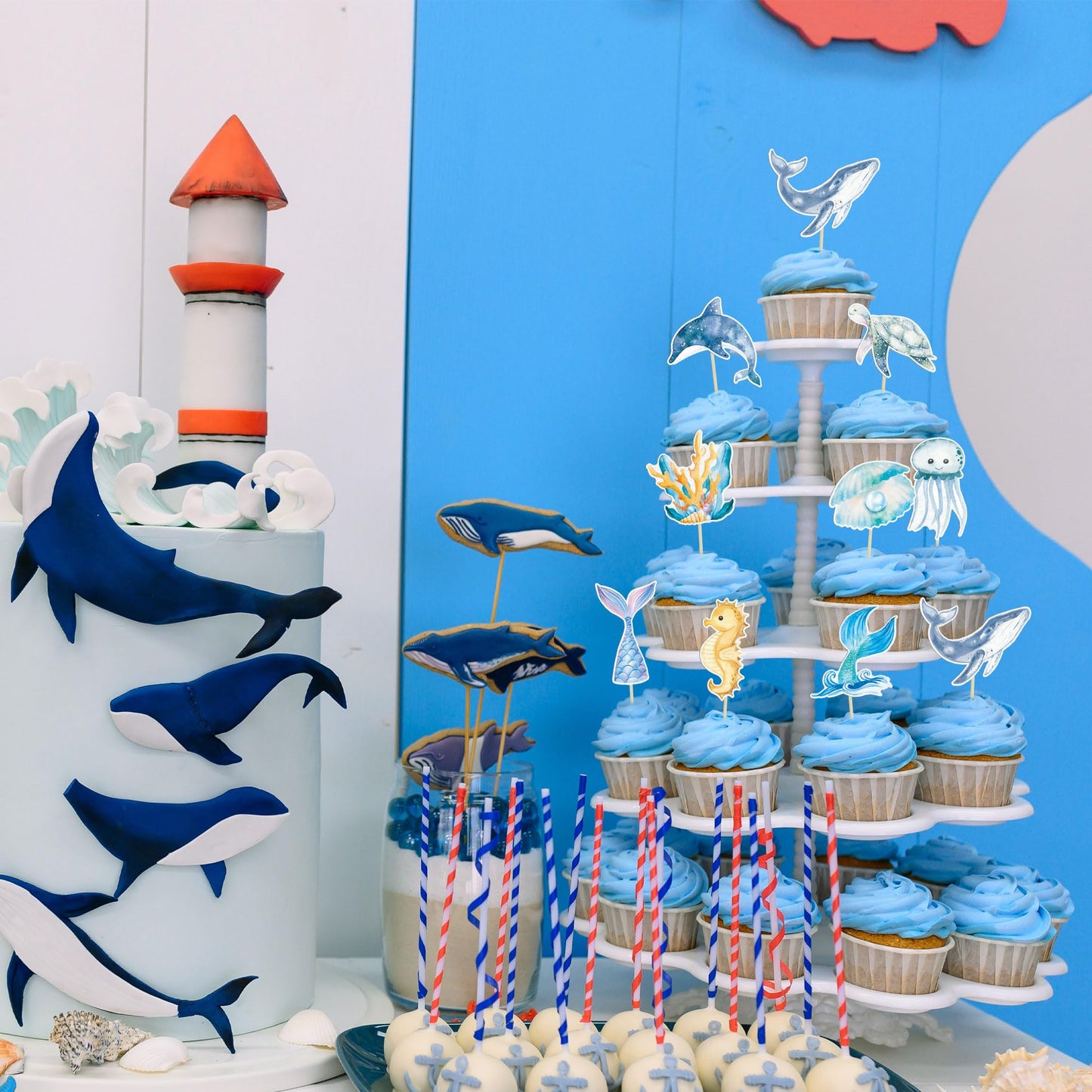 Gyufise 36Pcs Mermaid Cupcake Toppers Under The Sea Turtles Octopus Mermaid Tail Cupcake Picks Seahorse Coral Cake Decorations F