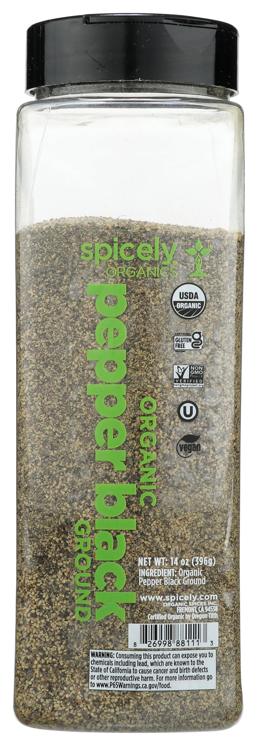 Spicely Organic Pepper Black Ground 14 Oz Certified Gluten Free (28 Mesh)