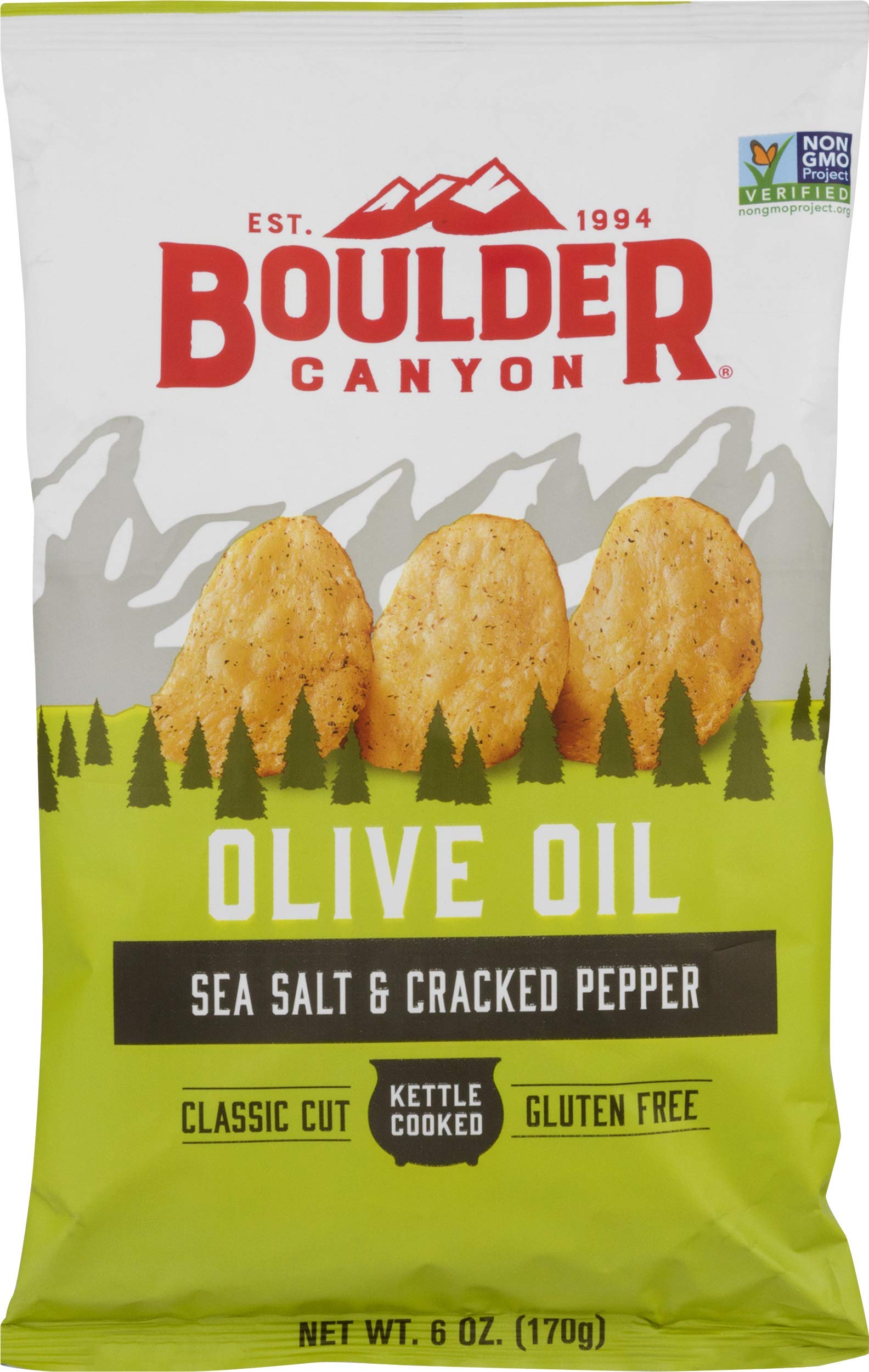 Boulder Canyon Kettle Cooked Potato Chips, Cooked In 100% Olive Oil, Non-Gmo Verified, Gluten Free, Sea Salt & Cracked Pepper, 6