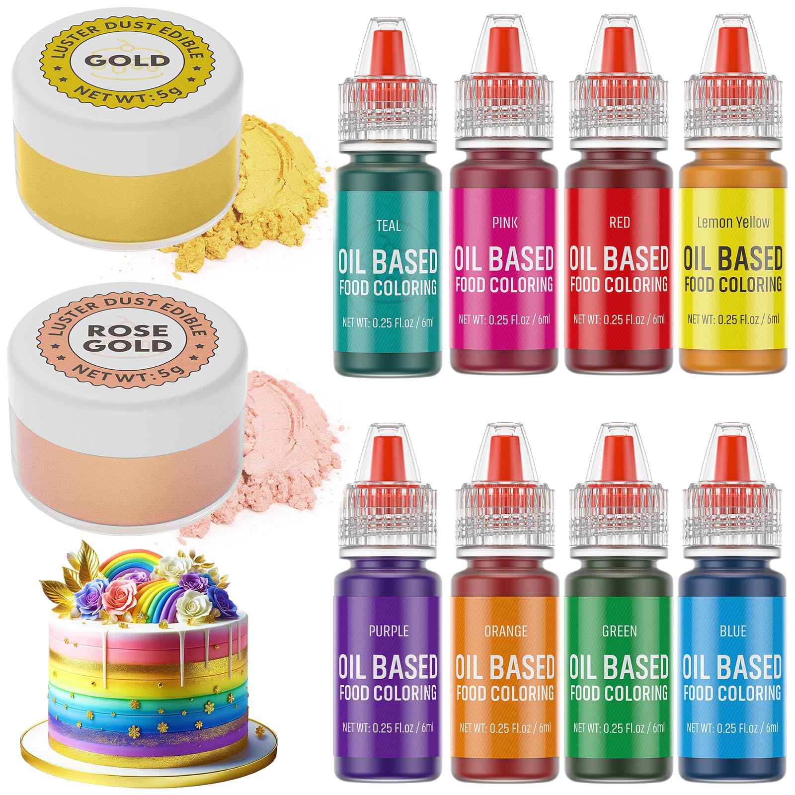 Luster Dust 2 Color & Oil Based Food Coloring for Chocolate 8 Color Set, Edible Food Dye and Shimmer Cake Dust Metallic Food Col