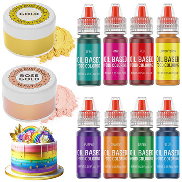 Luster Dust 2 Color & Oil Based Food Coloring for Chocolate 8 Color Set, Edible Food Dye and Shimmer Cake Dust Metallic Food Col