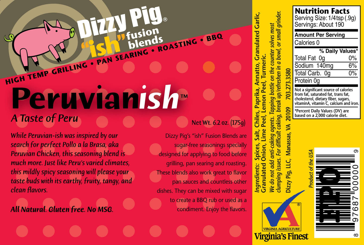 Dizzy Pig Peruvian-ish Seasoning - Hand Made, MSG Free, Gluten Free - 8oz Shaker