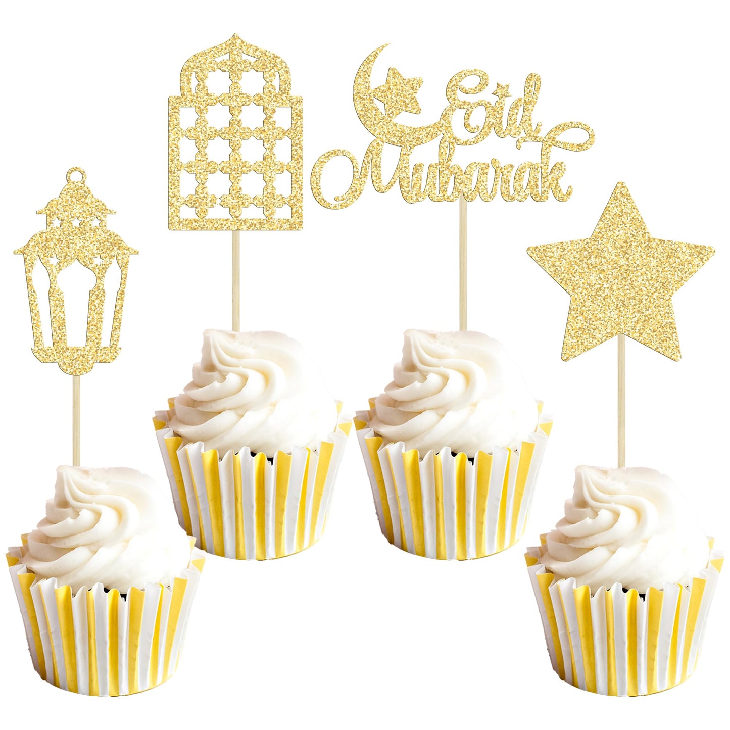 Gyufise 24Pcs Happy Eid Mubarak Cupcake Toppers Glitter Star Ramadan Kareem Cupcake Pick Moon Star Eid Islamic Muslim Theme Party Cake Decoration Supplies Gold