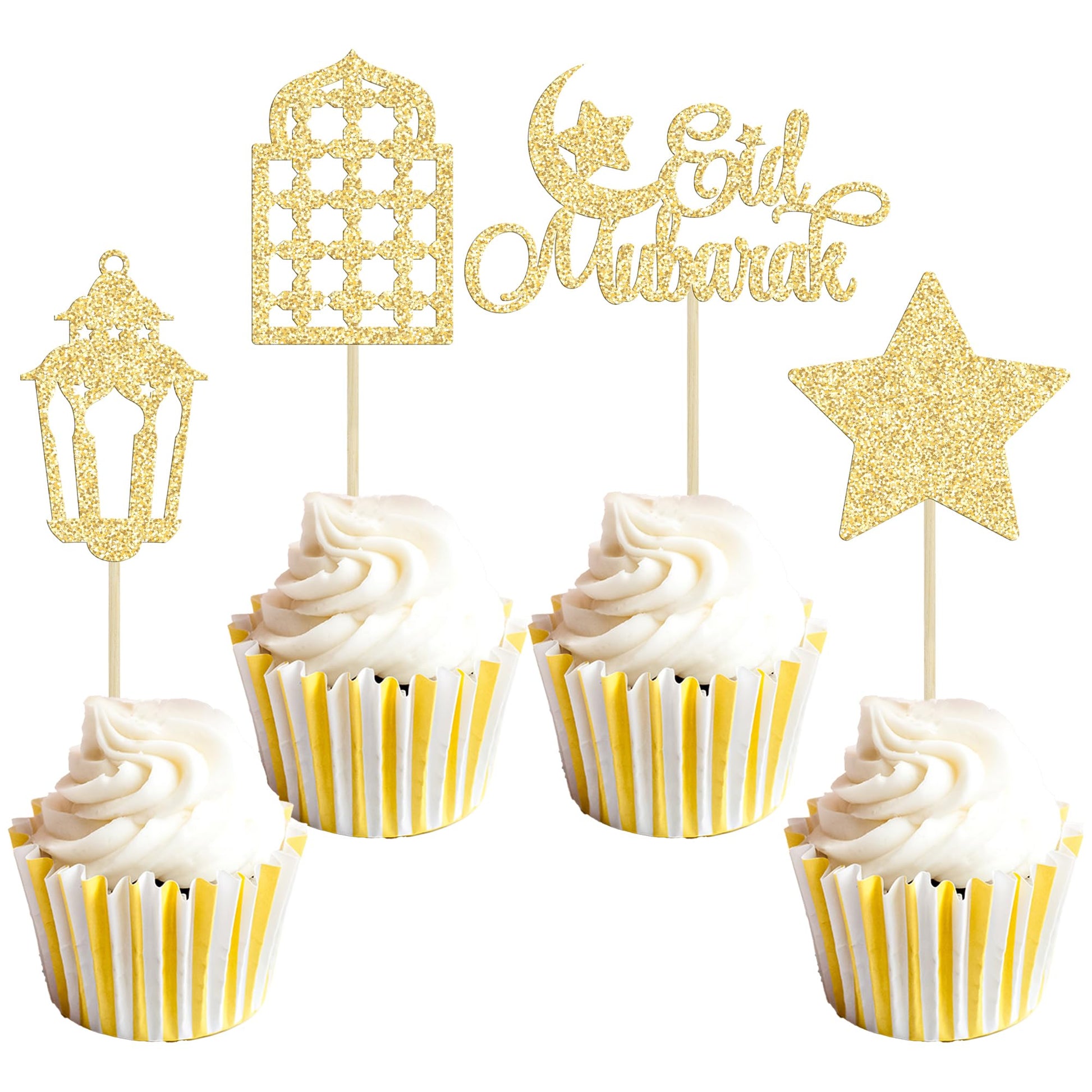 Gyufise 24Pcs Happy Eid Mubarak Cupcake Toppers Glitter Star Ramadan Kareem Cupcake Pick Moon Star Eid Islamic Muslim Theme Party Cake Decoration Supplies Gold
