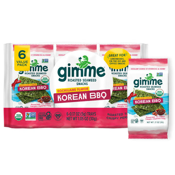 Gimme Seaweed - Korean BBQ - 6 Count - Organic Roasted Seaweed Sheets - Keto, Vegan, Gluten Free - Great Source of Iodine & Omeg