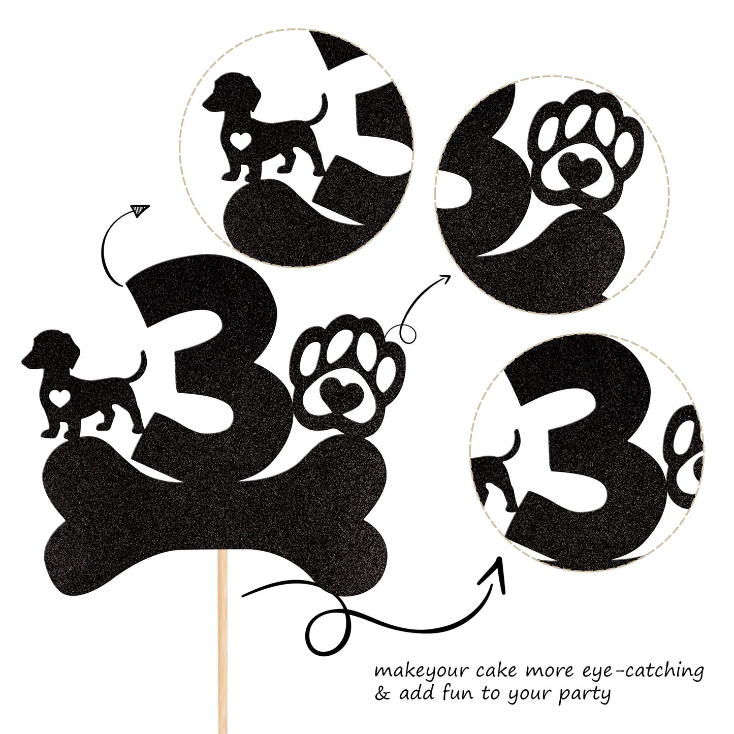 1 Pcs 3Rd Birthday Cake Topper Black Glitter Dog Paw Three Years Old Birthday Puppy Dog Bone Cake Pick For Let'S Pawty Baby Show