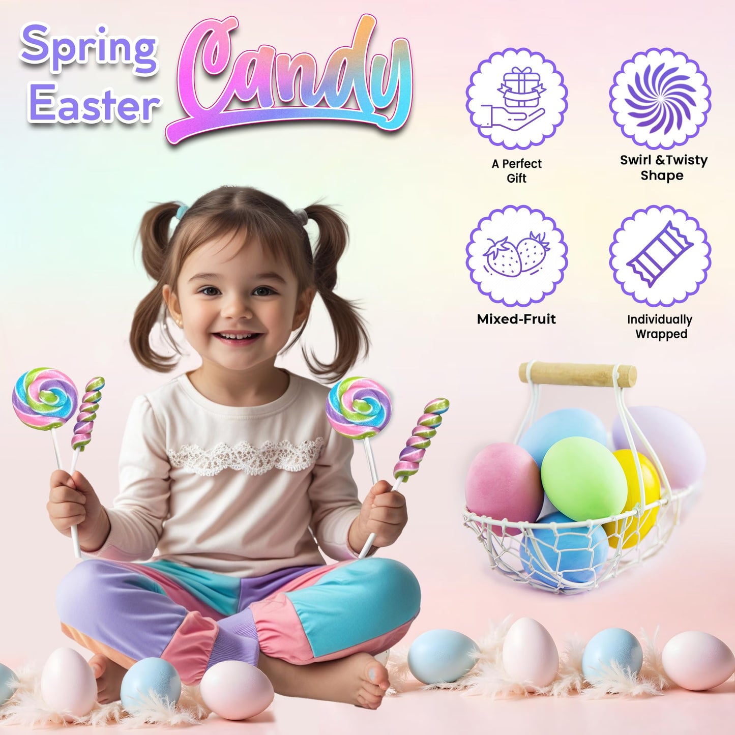 Spring Easter Candy - 24 Lollipops Individually Wrapped - 18G Swirl And 12G Twisty Lollipops - Easter Basket Candy - Egg Hunts -