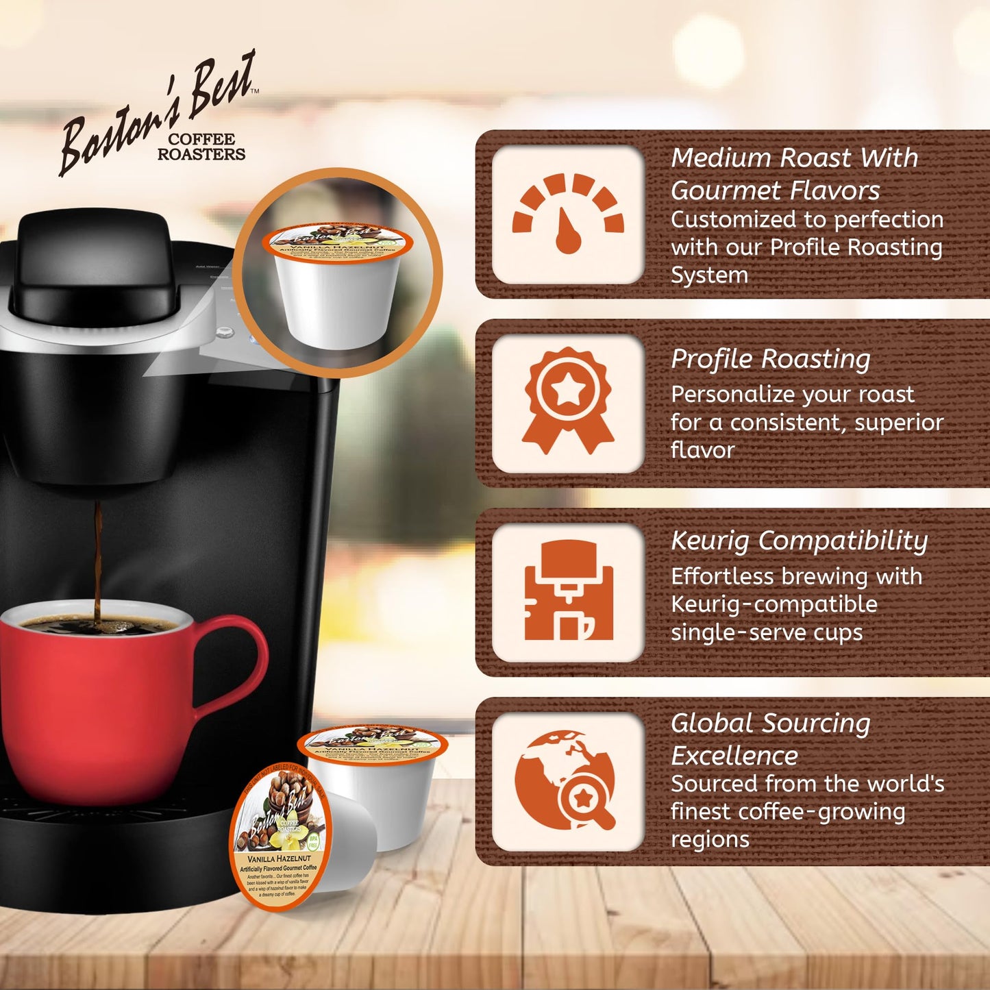 Bostons Best Vanilla Hazelnut Medium Roast Gourmet Coffee Compatible with Keurig, 12 Single Serve Cups, Model 017809009349