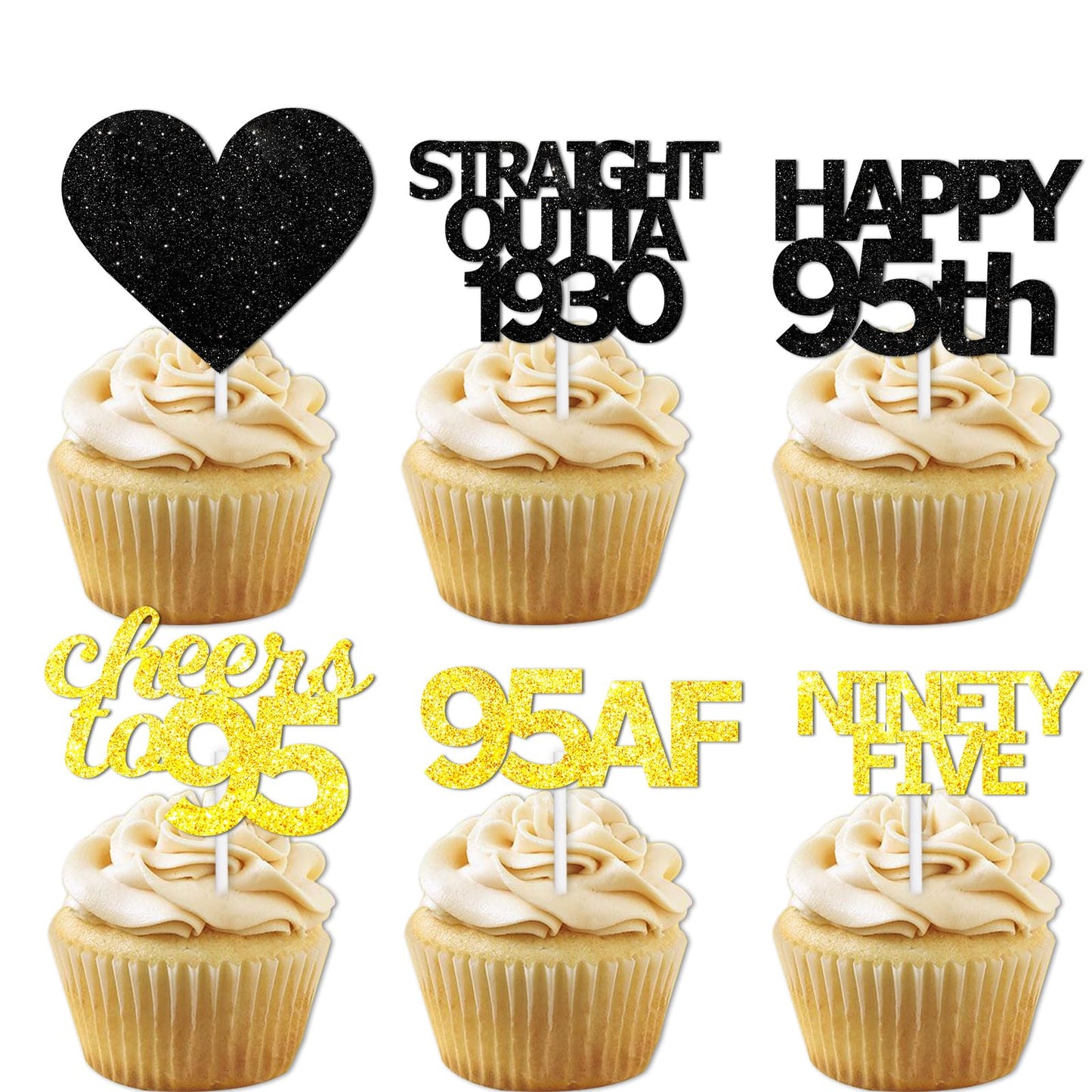 18pcs Black Gold Glitter Dessert Cupcake Pick for Straight Outta 1930 Cheer to 95 Years Old Theme Decor Supplies Happy 95th Birt