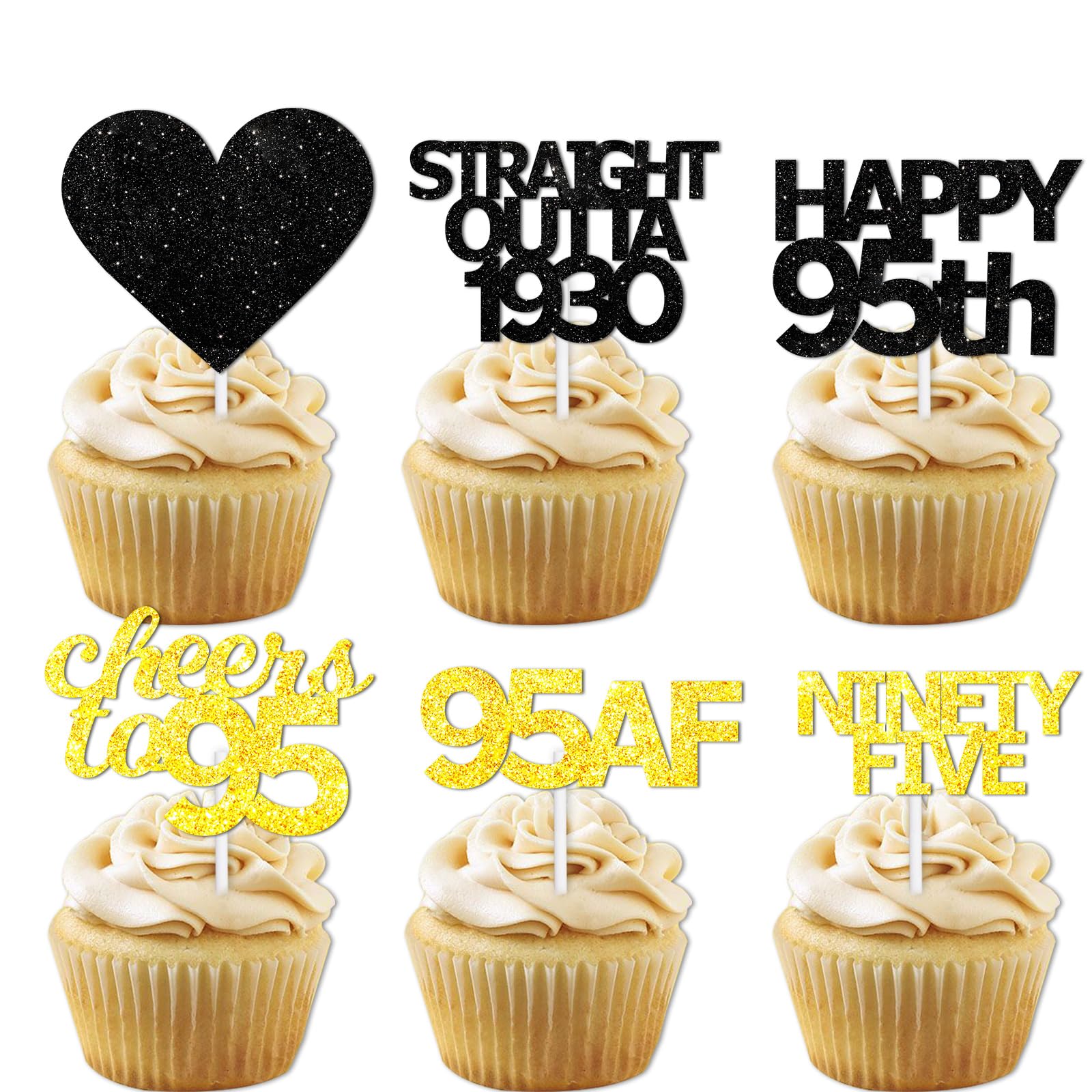 18pcs Black Gold Glitter Dessert Cupcake Pick for Straight Outta 1930 Cheer to 95 Years Old Theme Decor Supplies Happy 95th Birt