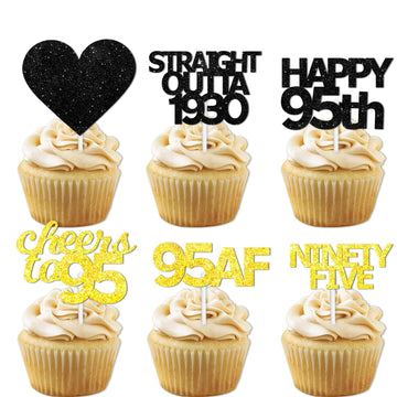 18pcs Black Gold Glitter Dessert Cupcake Pick for Straight Outta 1930 Cheer to 95 Years Old Theme Decor Supplies Happy 95th Birt