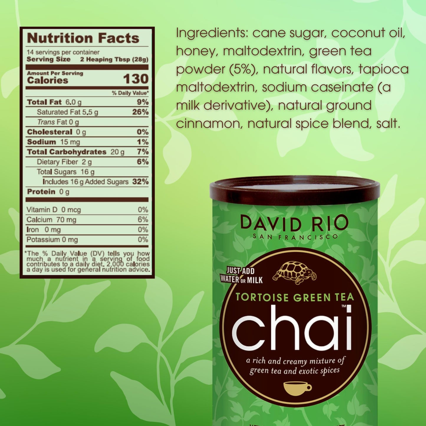 Tortoise Green Tea Chai Tea Latte Mix, 14 Oz, Green Tea, Organic Spices, Dairy Free, Serve Hot Or Cold, Just Add Water Or Milk,