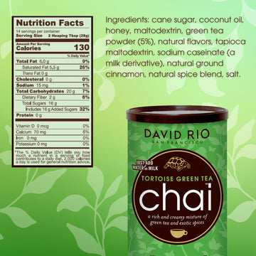 Tortoise Green Tea Chai Tea Latte Mix, 14 Oz, Green Tea, Organic Spices, Dairy Free, Serve Hot Or Cold, Just Add Water Or Milk,