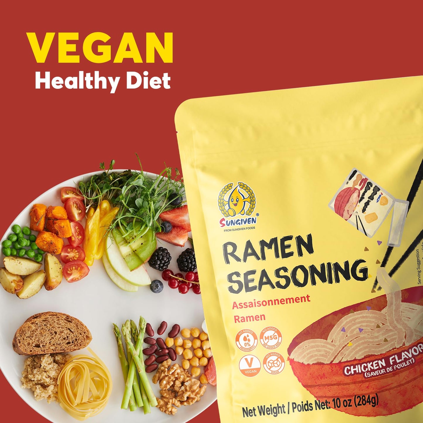Sungiven Chicken Instant Ramen Seasoning Powder, Vegan, Mild Premium Instant Noodle Soup Powder, Ramen Toppings, 10 Oz