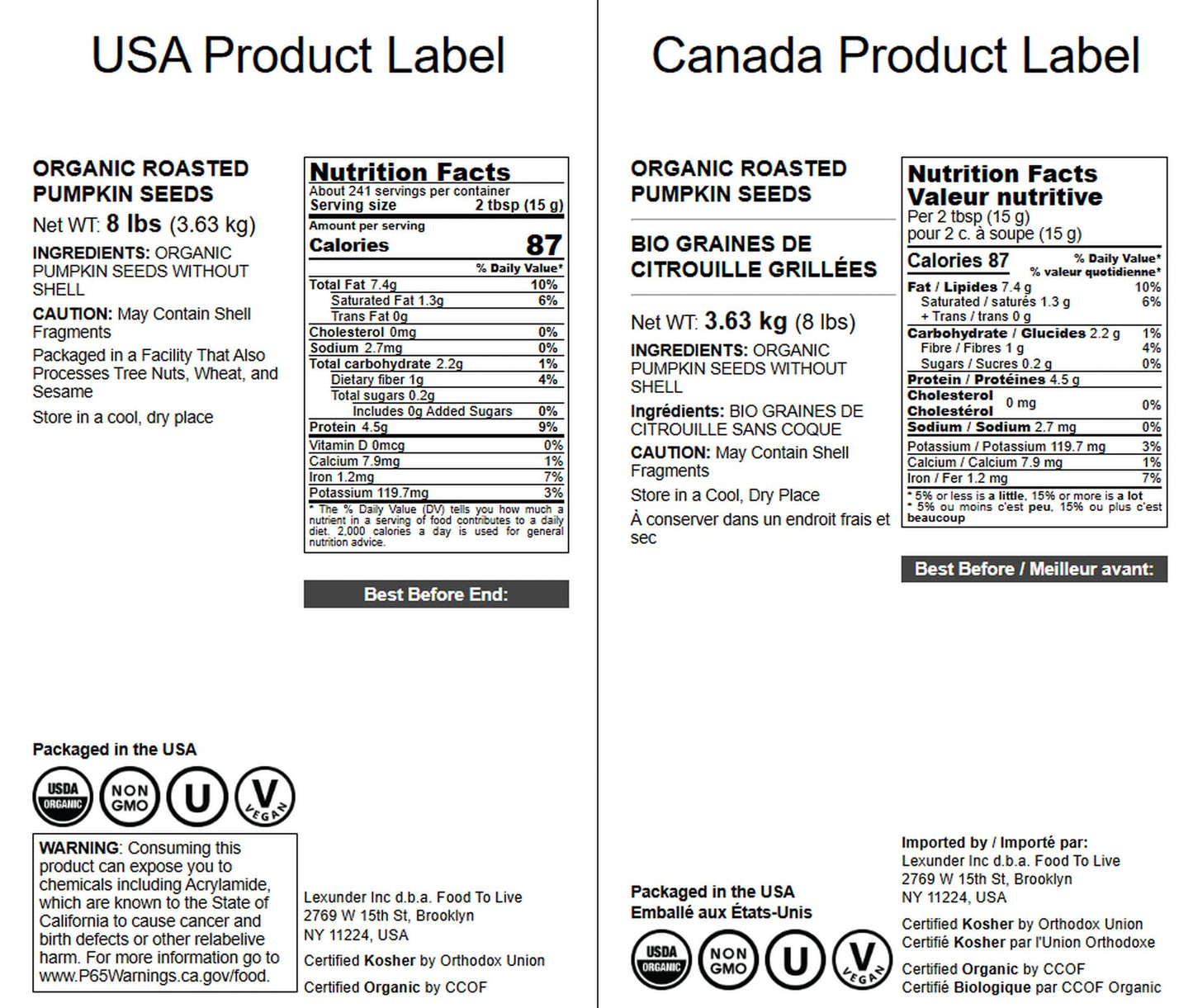 Food to Live Organic Dry Roasted Pumpkin Seed Kernels, 8 Pounds - Non-GMO, Unsalted, Oven Roasted Whole Pepitas, No Oil Added, S