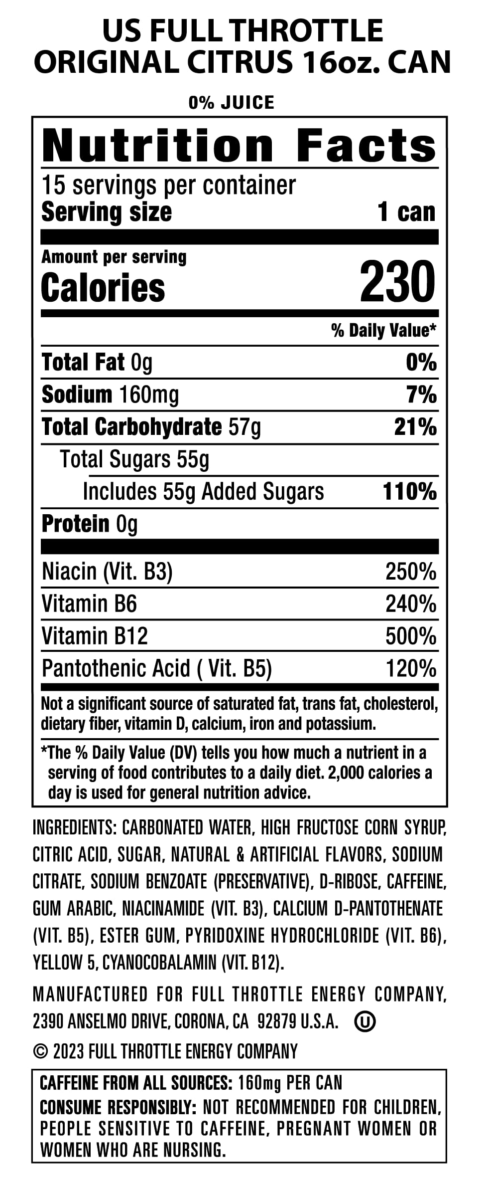 Full Throttle Energy Drink, Citrus Flavor, 16 Fl oz, Pack of 15