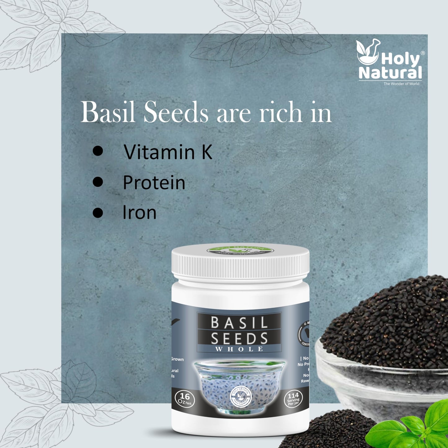 Holy Natural Basil Seeds - Edible Sabja/Falooda Seeds, 16 Oz, Rich in Fiber, Natural Body Coolant