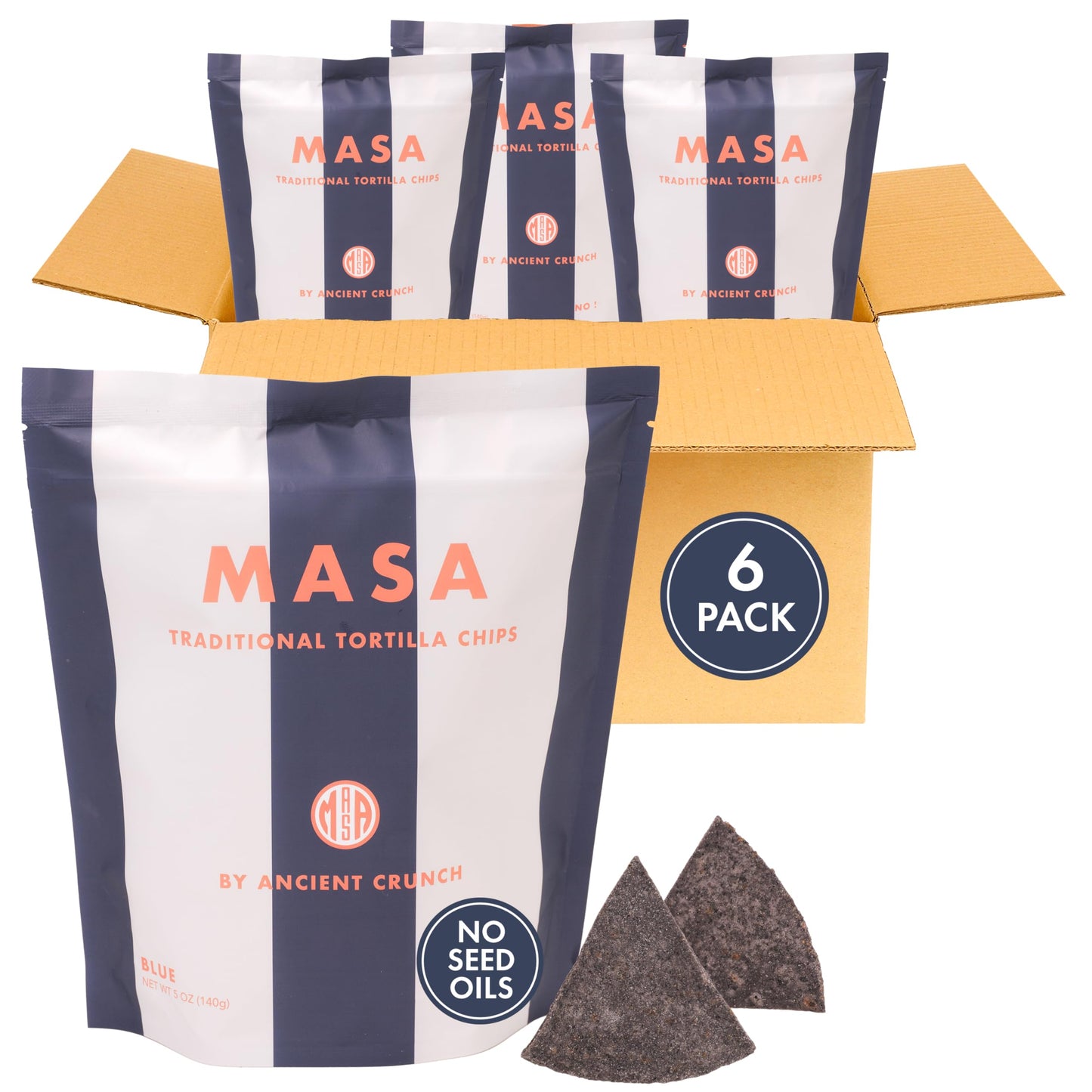 Ancient Crunch MASA Chips Blue Corn Tortilla Chips - 5 Ounce (Pack of 6) - Naturally Grown, No Seed-Oil, Original Blue