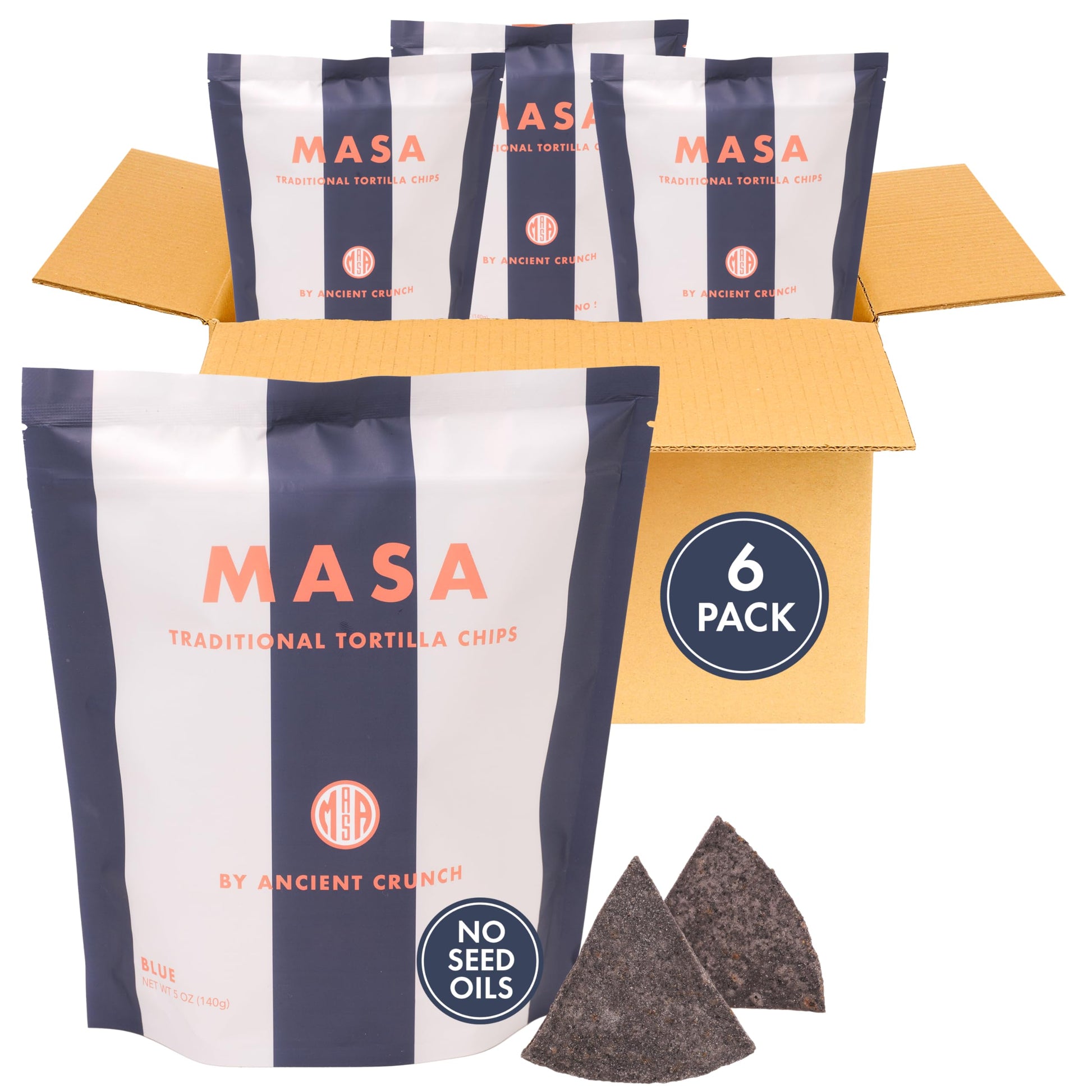 Ancient Crunch MASA Chips Blue Corn Tortilla Chips - 5 Ounce (Pack of 6) - Naturally Grown, No Seed-Oil, Original Blue