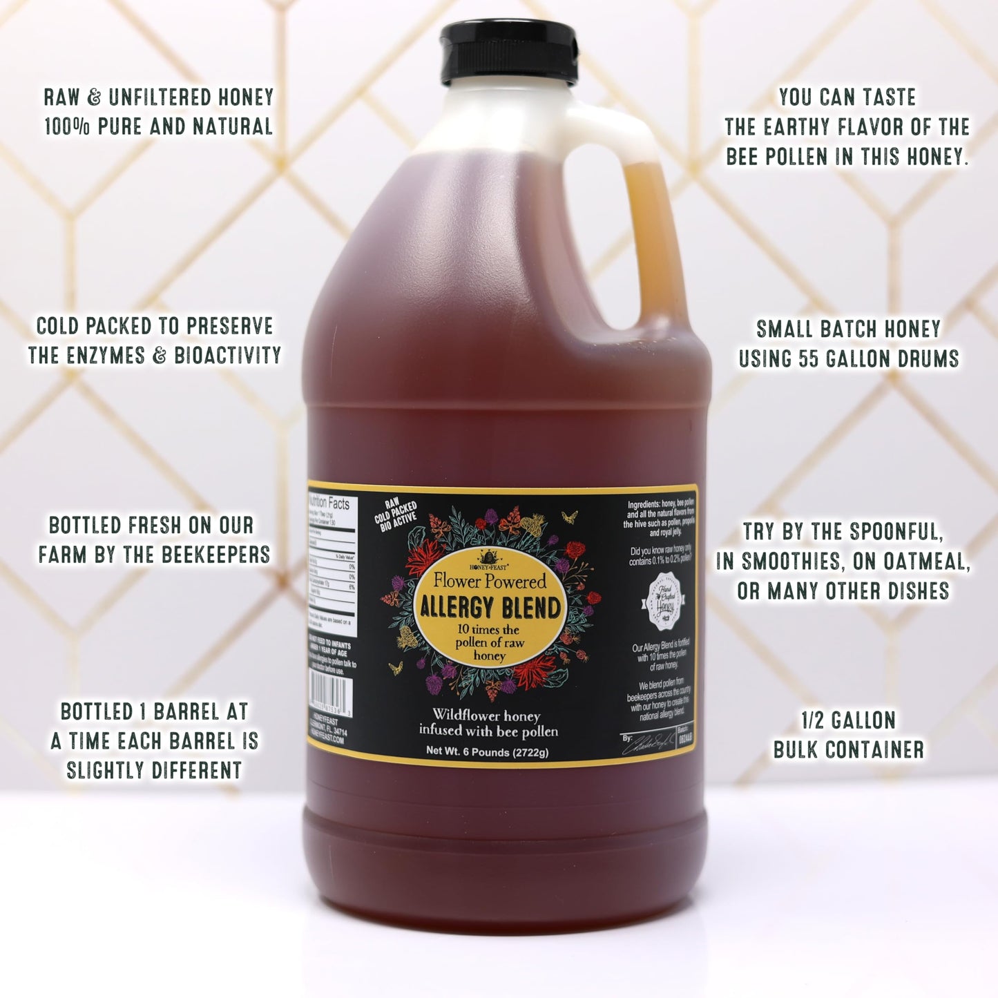 Honey Feast Raw & Unfiltered Allergy Blend Honey, High Pollen Content, 6lb (96 Ounce)