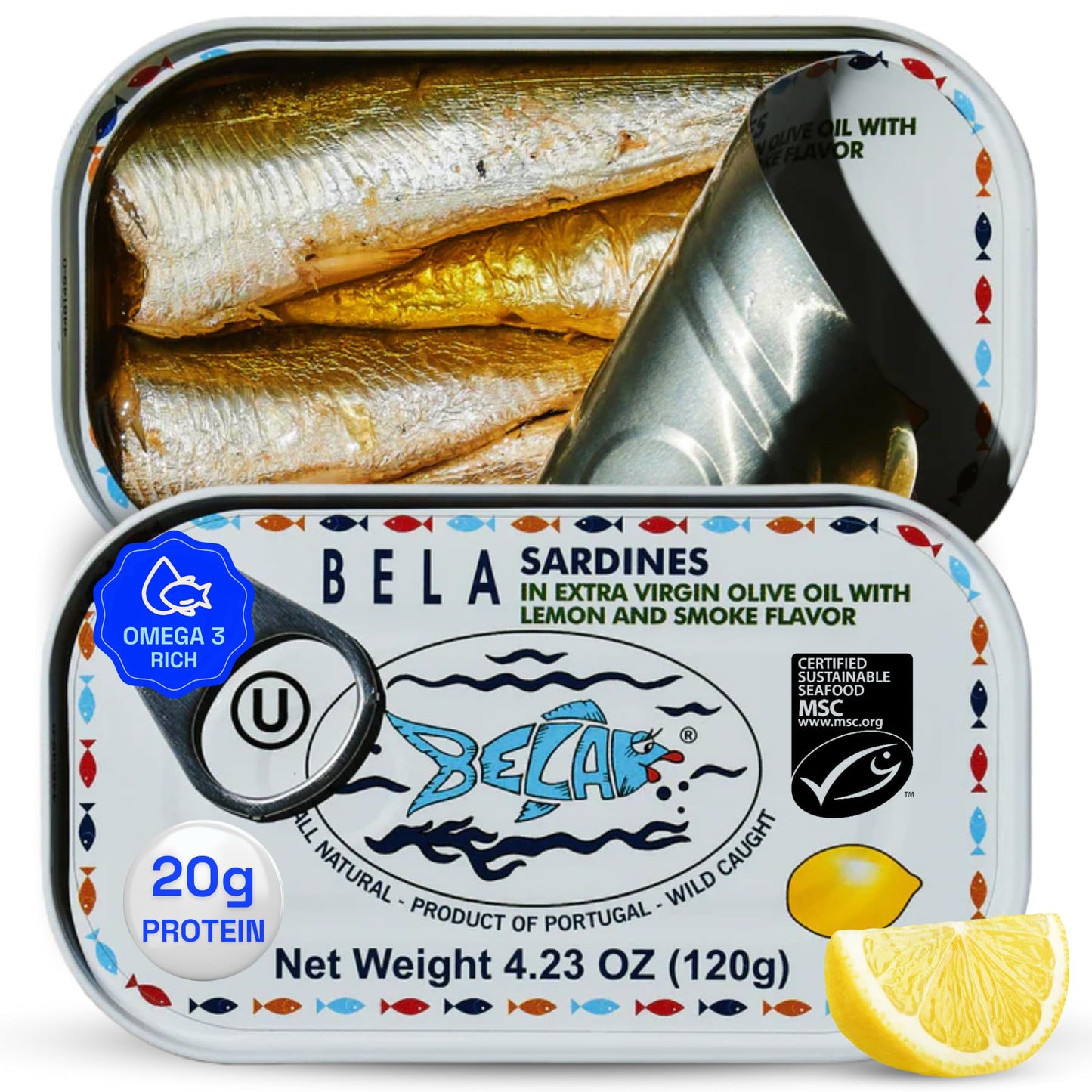 BELA Wild Caught Sardines in Organic Lemon Olive Oil, Lightly Smoked, 4.25 Oz, All Natural, High Protein, Omega 3 Rich