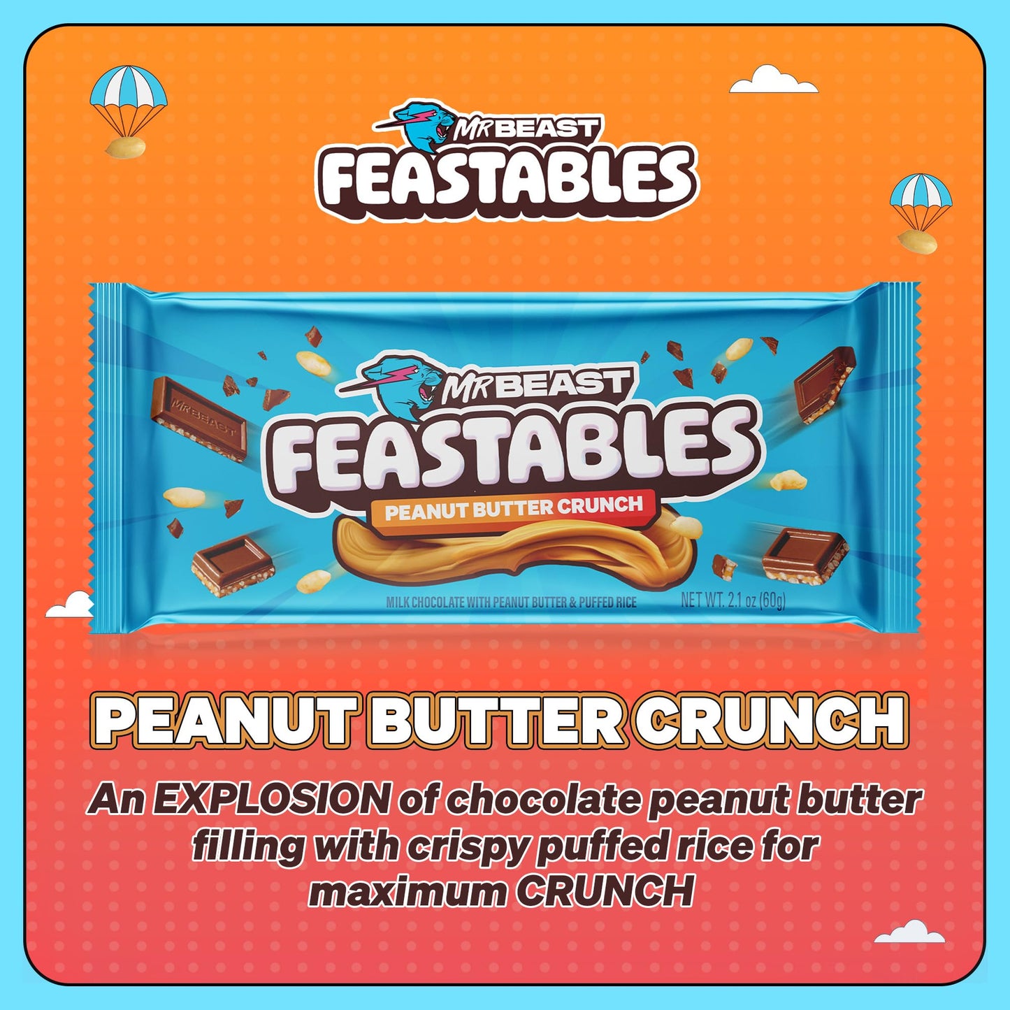 Feastables King Size Peanut Butter Milk Chocolate Crunch Bar, 2.1oz (10 Count) - Delicious Chocolate Treat for Snack Lovers
