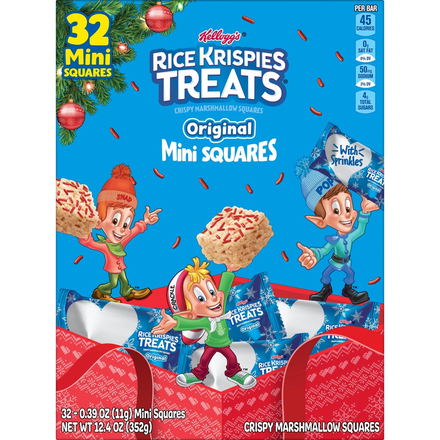 Rice Krispies Treats Mini Marshmallow Cereal Bars, Holiday Snacks, Snack Bars, Original with Holiday Sprinkles, 12.4oz Box (32 B