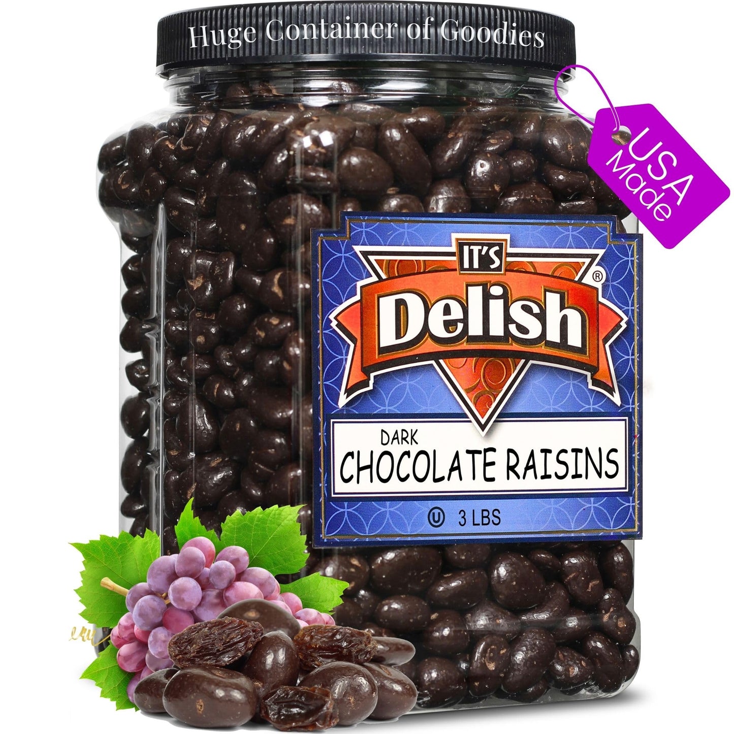 Gourmet Dark Chocolate Covered Raisins By ItS Delish  3 Lbs Jumbo Container | Dark Chocolate Raisins Candy Snack For Parties Or Holiday Events And Healthy Snacking | Usa Made  Vegan  Kosher