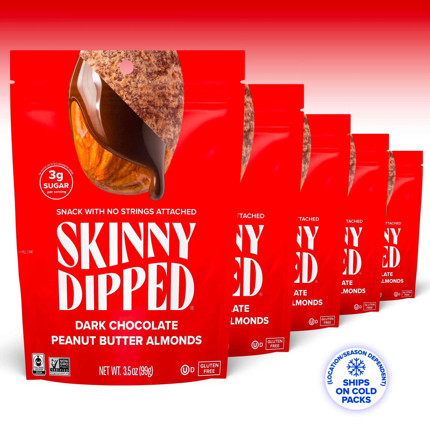 SkinnyDipped Dark Chocolate Peanut Butter Almonds, Healthy Snack, Plant Protein, Gluten Free, 3.5 oz Resealable Bags, (Pack of 5