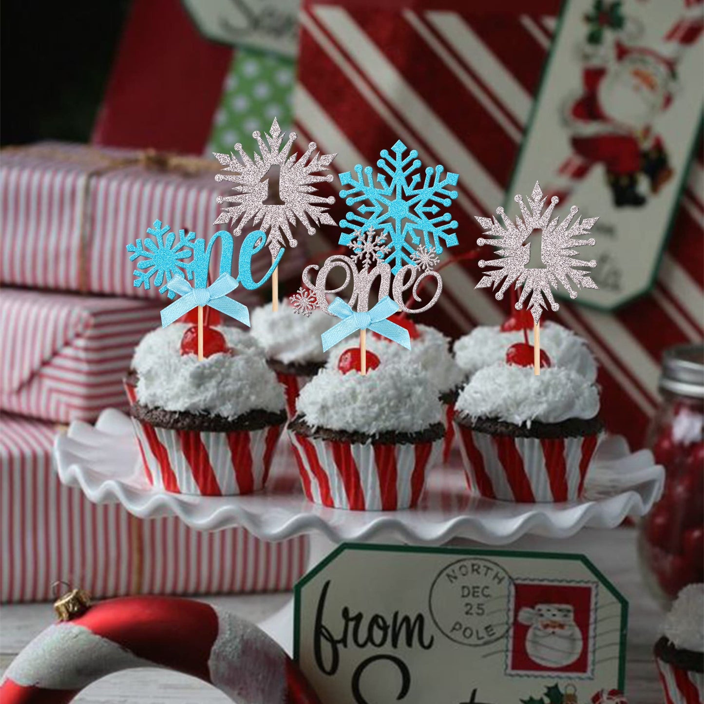 24 Pcs Snowflake One Cupcake Toppers With Glitter Bow First Birthday Snowflake Cupcake Picks For Winter Onederland Theme Baby Sh
