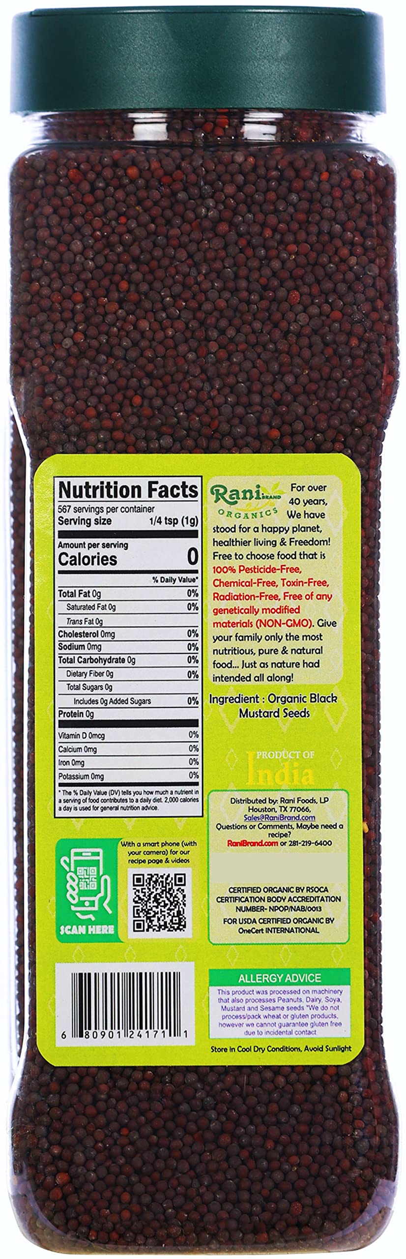 Rani Organic Black Mustard Seeds Whole Spice (Rai Sarson) 20Oz (1.25Lbs) 567G Pet Jar ~ All Natural | Vegan | Gluten Friendly |
