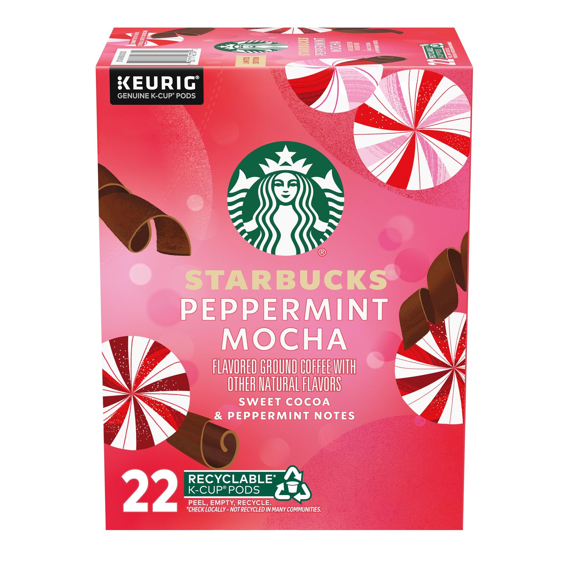 Starbucks K-Cup Coffee Pods  Peppermint Mocha Flavored Coffee For Keurig Beverage Makers  100% Arabica  1 Box (22 Pods)