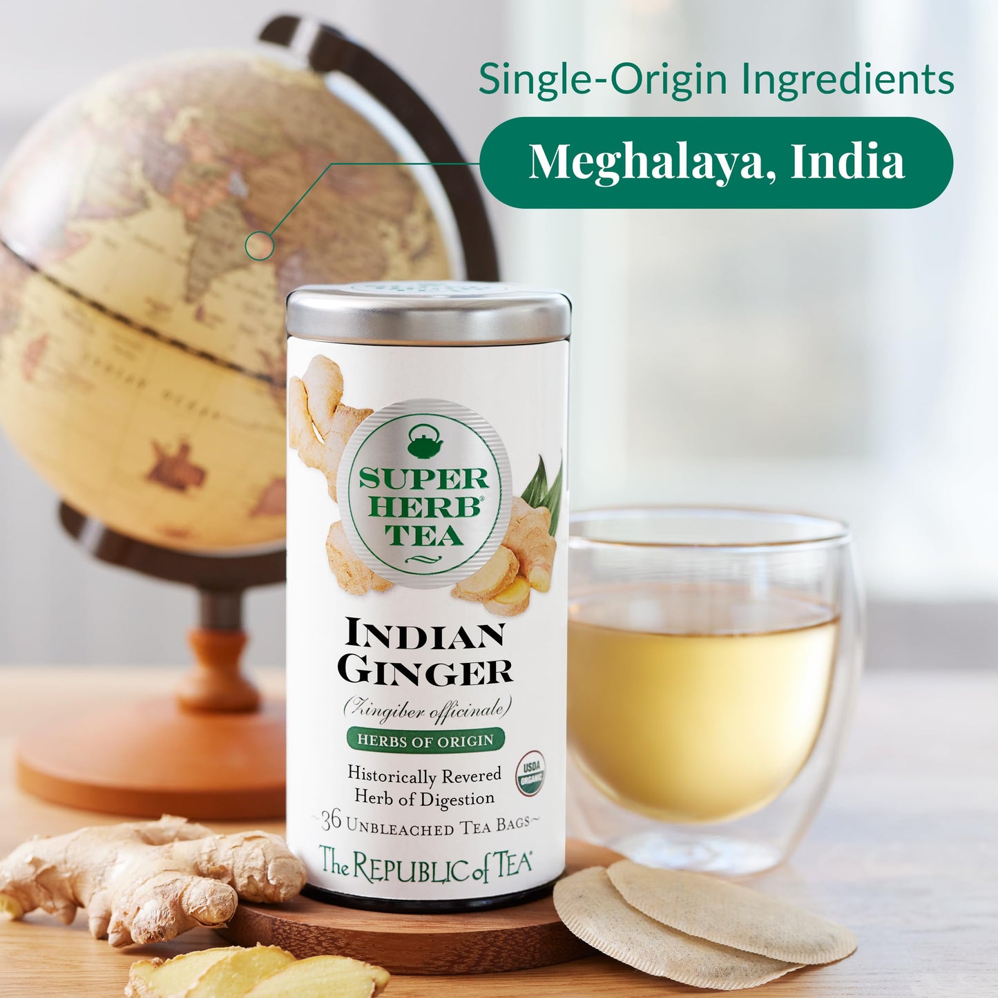 The Republic of Tea Organic Indian Ginger SuperHerb Tea, 250 Herbal Tea Bags, Caffeine-Free