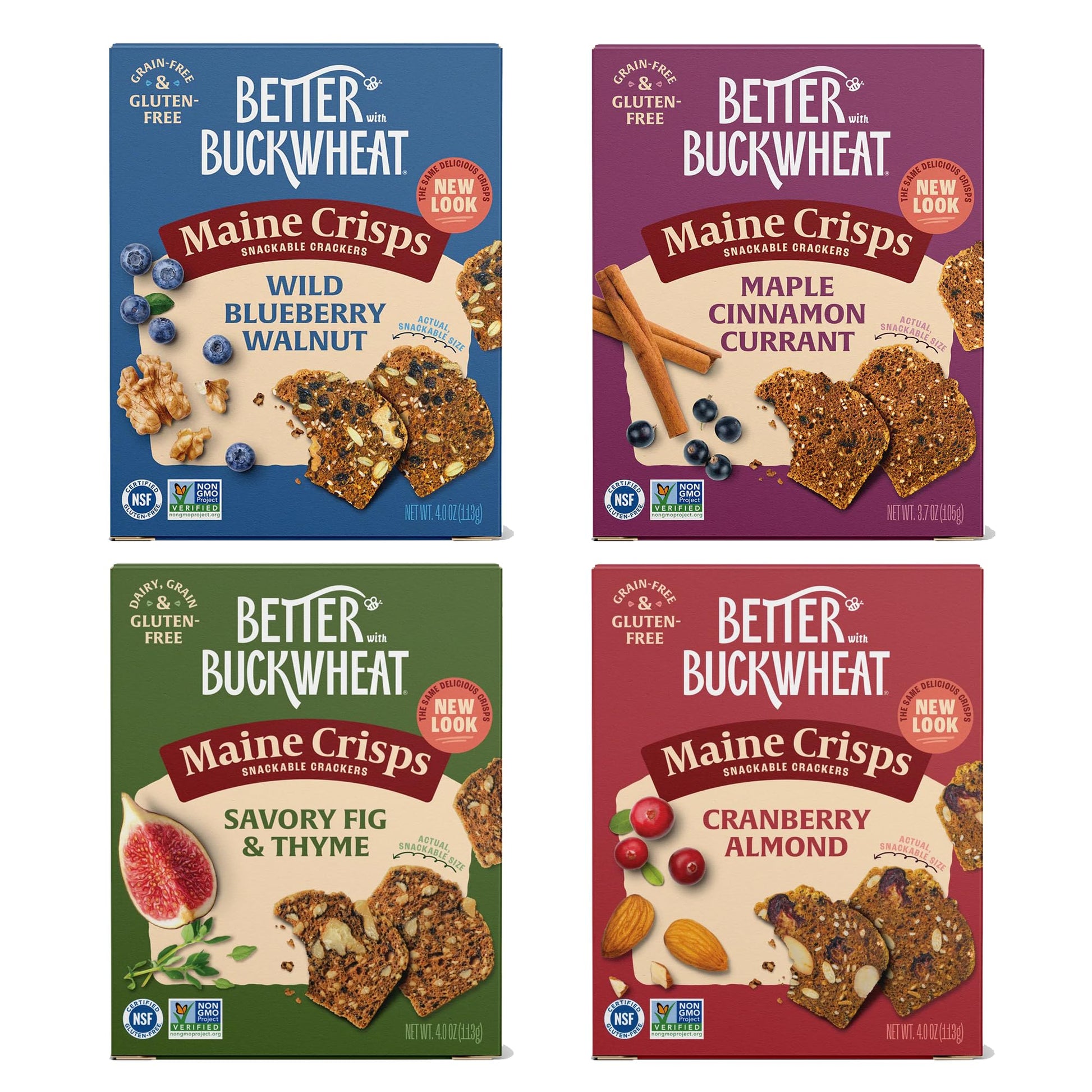 Maine Crisp Variety 4 Pack  Gluten Free ers - Snack ers  Grain Free  Non-GMO - Cranberry Almond  Cinnamon Maple  Savory Fig & Thyme  Wild Blueberry Walnut  For Cheese Boards  Salad Toppings & Jams