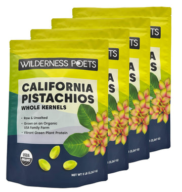 Wilderness Poets, Organic, Whole, Raw Pistachios - Grown in California, Fresh, Bright Green, Unsalted, Unroasted, Bulk Size - 5 