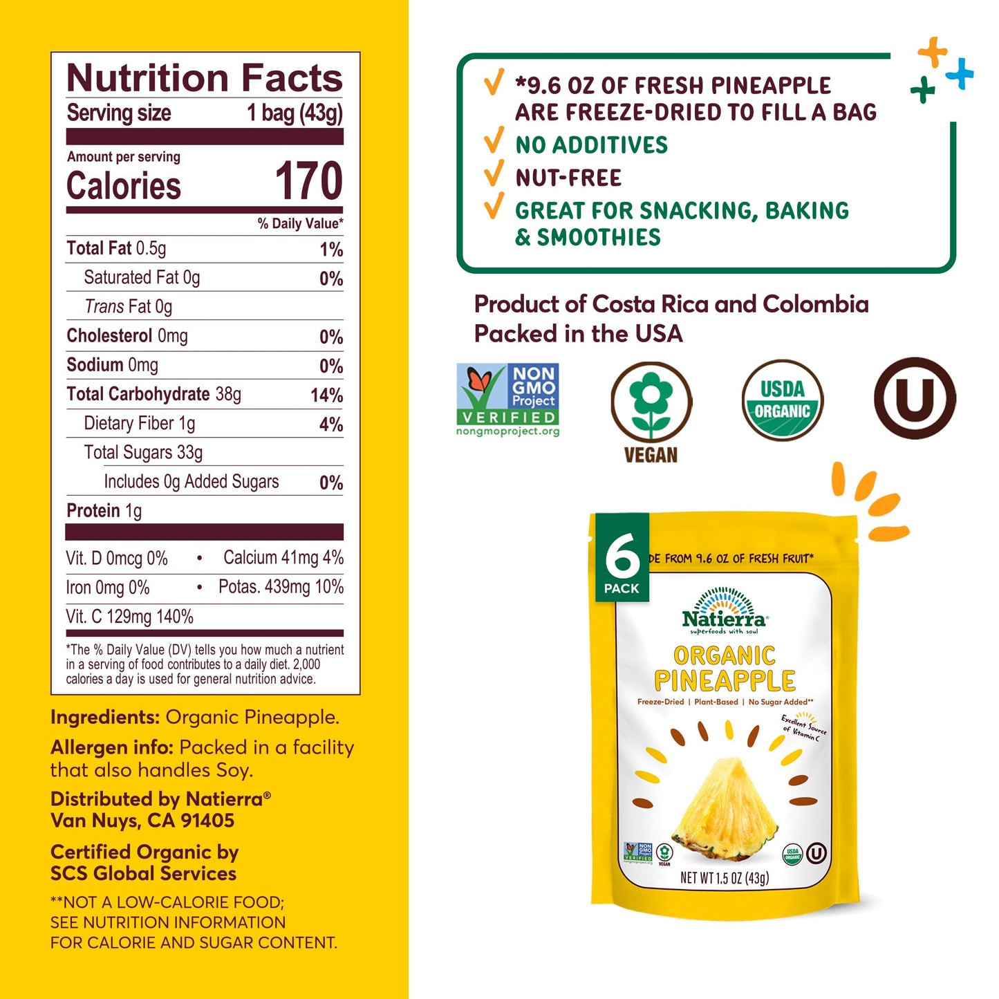 Natierra Organic Freeze-Dried Pineapple | Usda Organic, Non-Gmo & Vegan| 1.5 Ounce (Pack Of 6)
