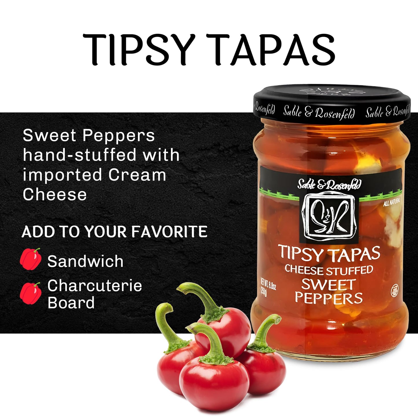Tipsy Tapas Cheese Stuffed Sweet Peppers - Sweet Peppers Stuffed With Cream Cheese For Sandwiches, Appetizers, Hors Doeuvres, Ch