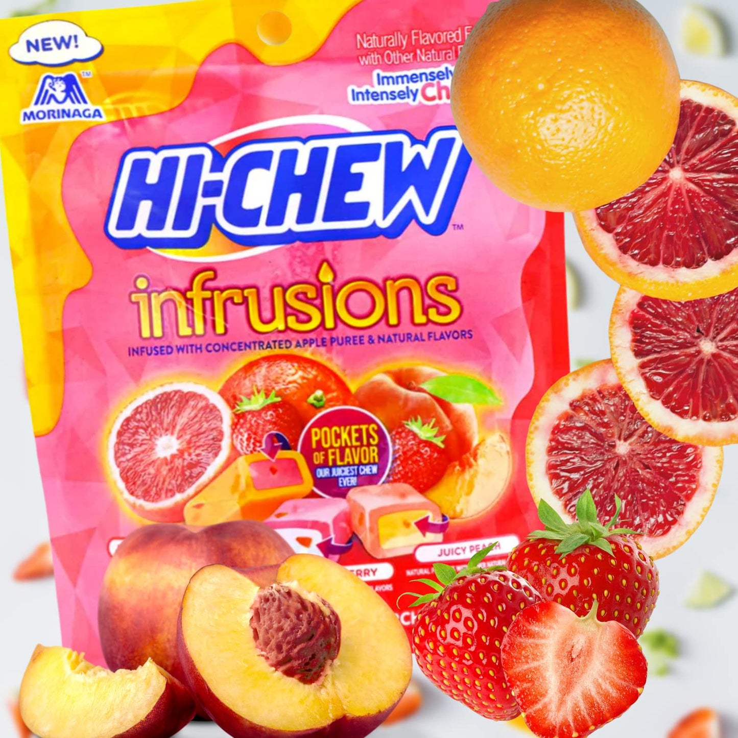 Sweetzo - Infrusions Orchard Mix Juicy Fruit Chews, Individually Wrapped Strawberry, Blood Orange, And Peach Flavored Candies, A