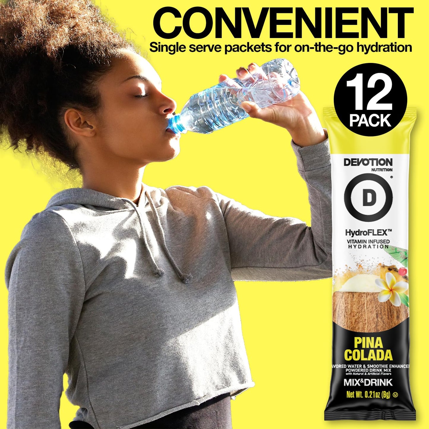Devotion Nutrition HydroFLEX Pina Colada Drink Mix – Sugar-Free, Dye-Free Hydration with Vitamins & Electrolytes, 12-Pack, 2.54 oz