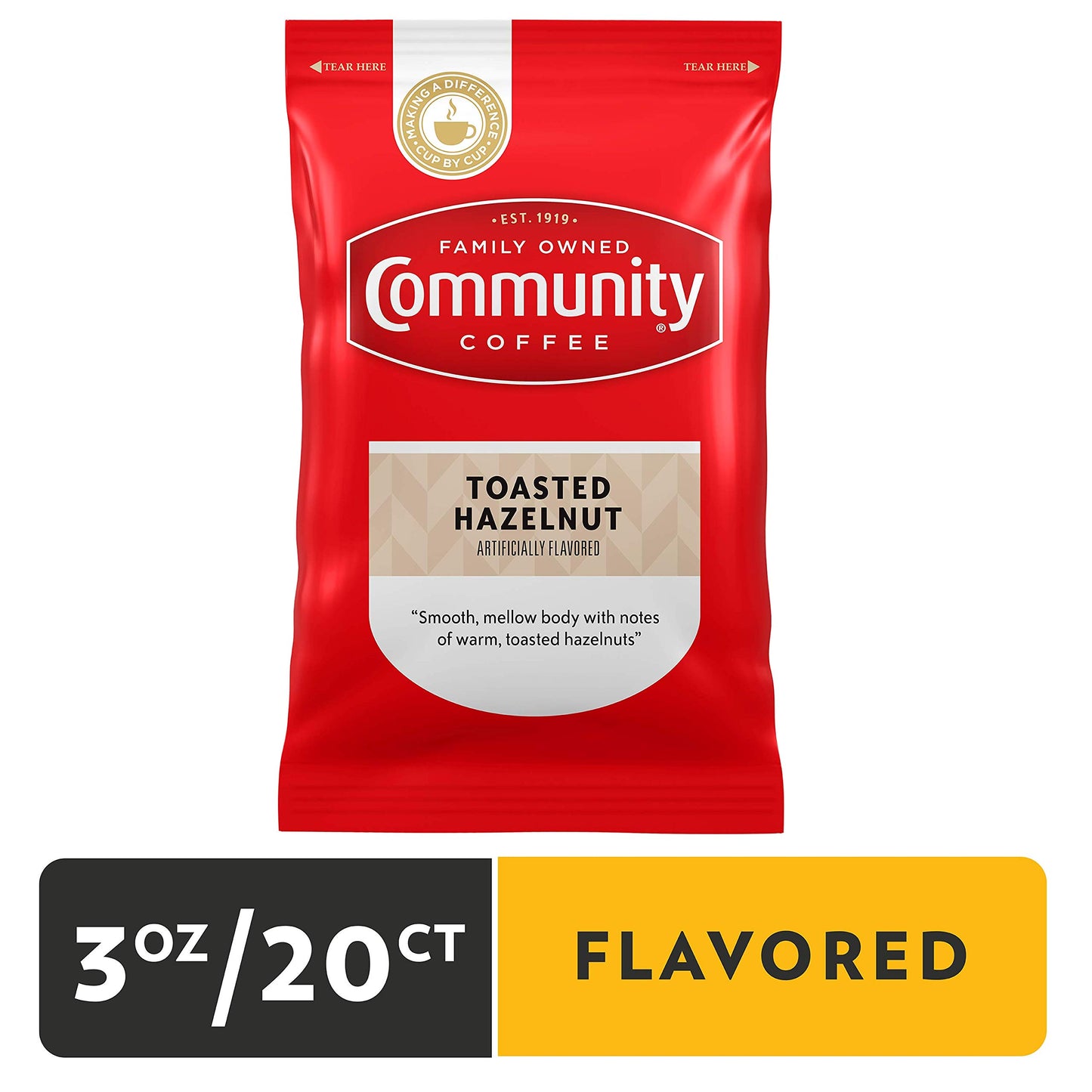 Community Coffee Toasted Hazelnut Flavored  Medium Roast Pre-Measured Coffee Packs  3.0 Ounce Bag (Box of 20)