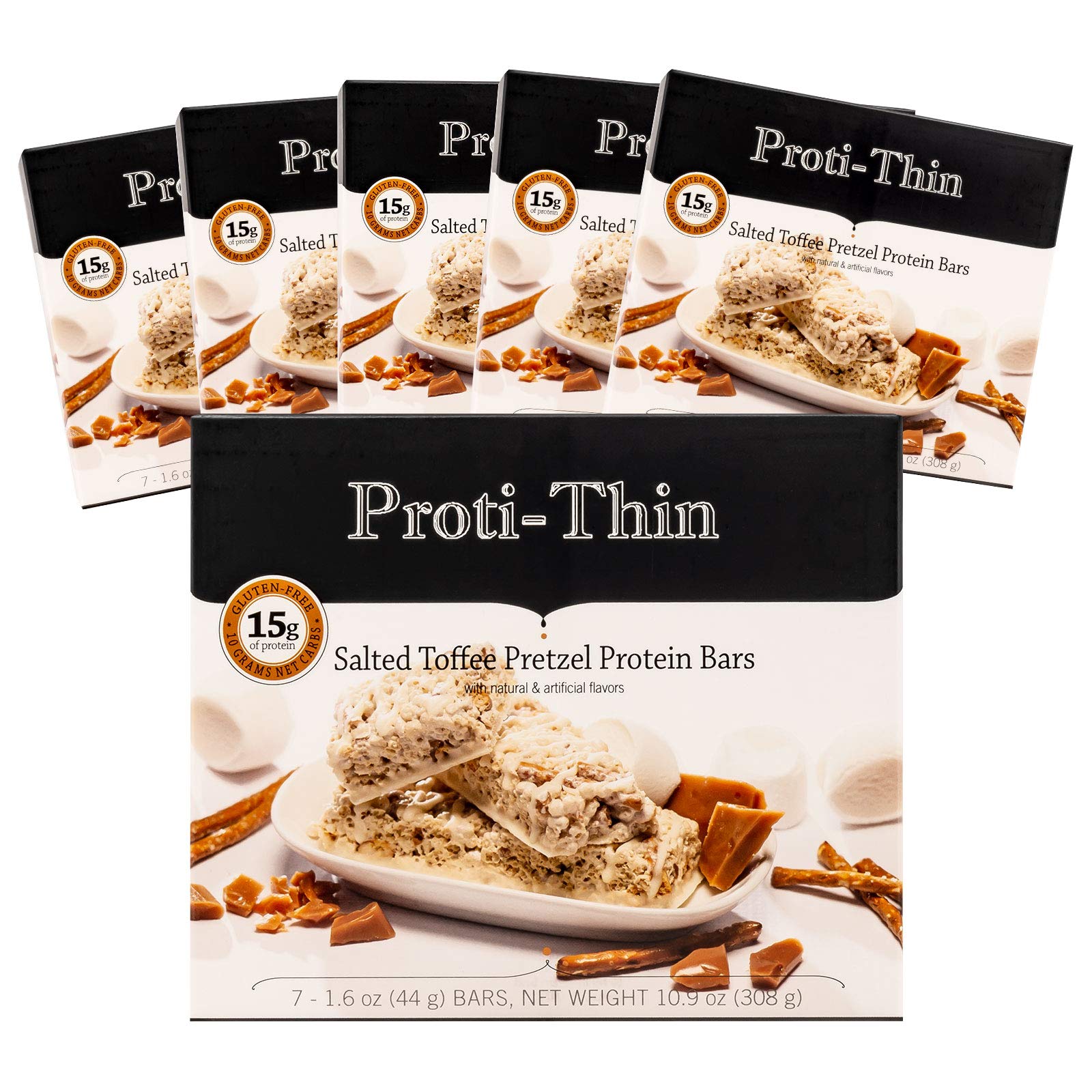 Proti-Thin Protein Bars, Salted Toffee Pretzel, 15g Protein, Low Calorie, KETO Friendly, 7 Count (Pack of 6)