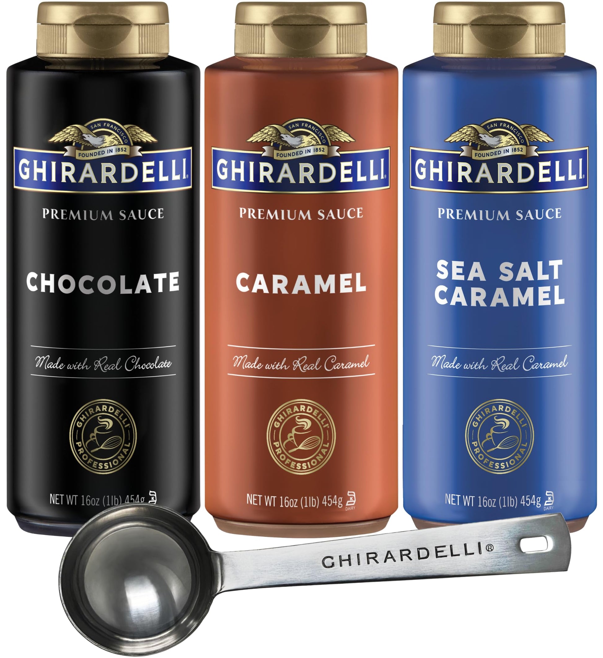 Ghirardelli - Sea Salt Caramel, Chocolate and Caramel Flavored Sauce 16 oz Bottles (Set of 3) with Ghirardelli Stamped Barista S